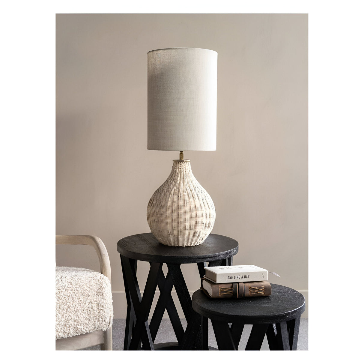 Large Rattan Table Lamp - Natural With Drum Shade