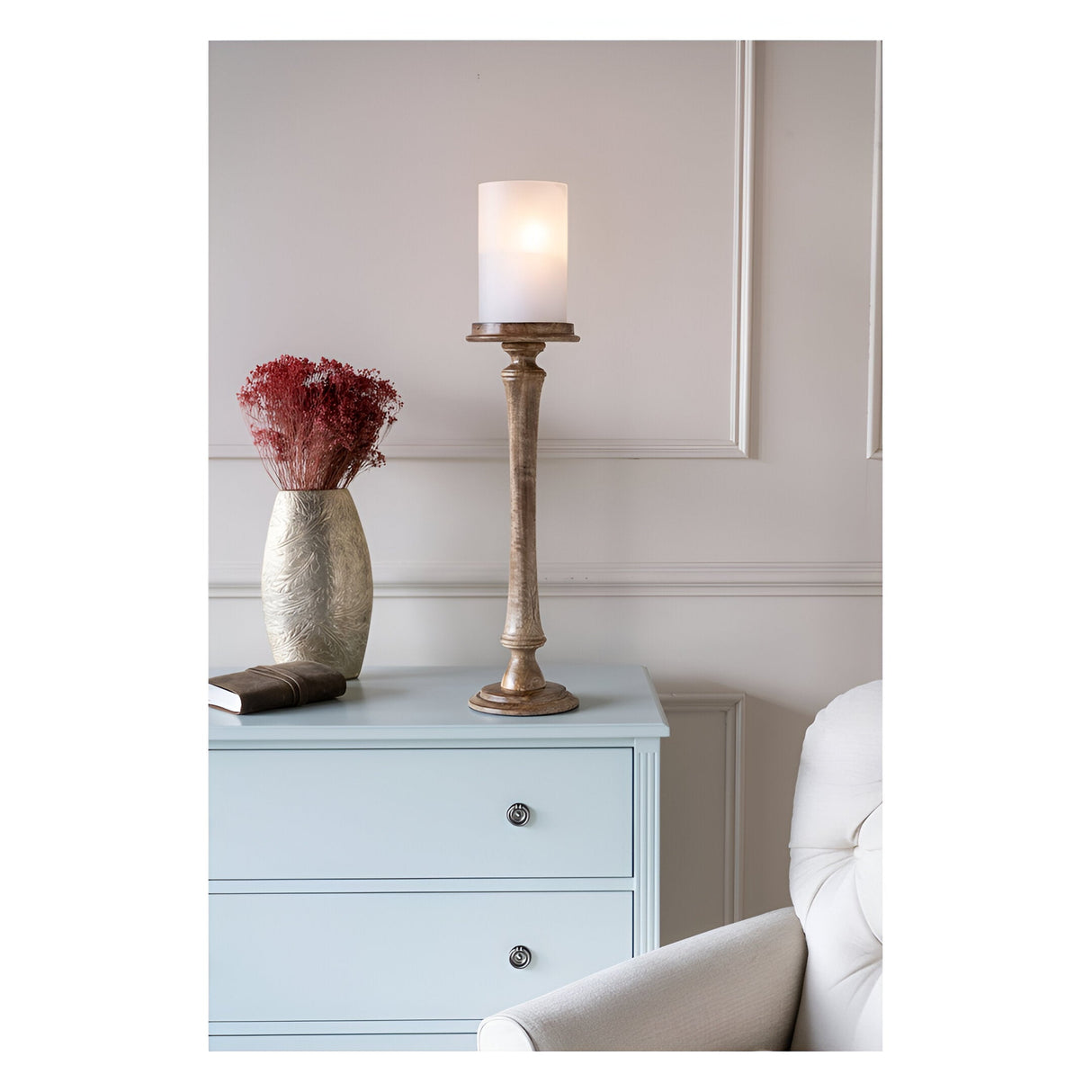 Laura Ashley Large Wooden Pedestal Hurricane With Frosted Glass - Brown