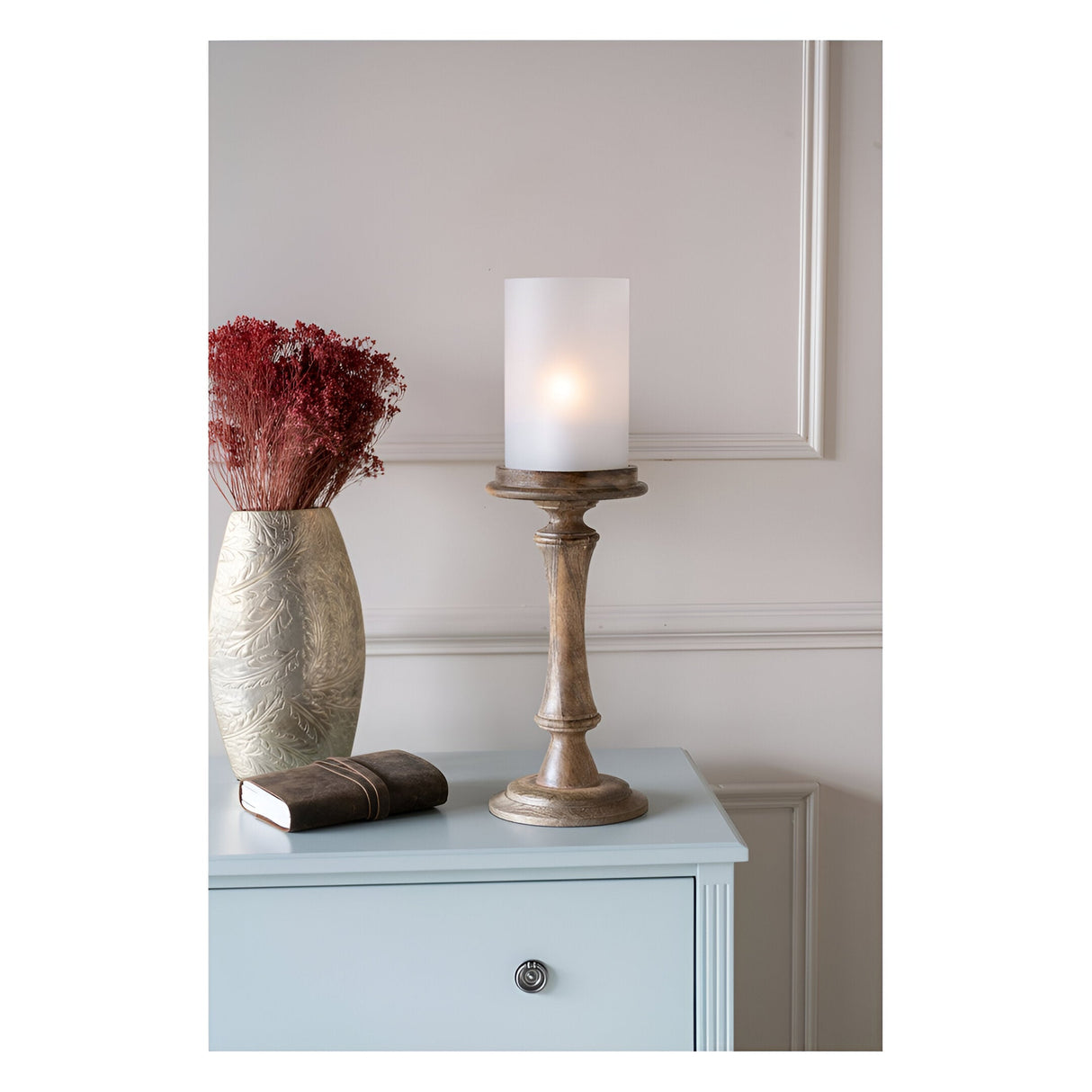 Laura Ashley Small Wooden Pedestal Hurricane With Frosted Glass - Brown