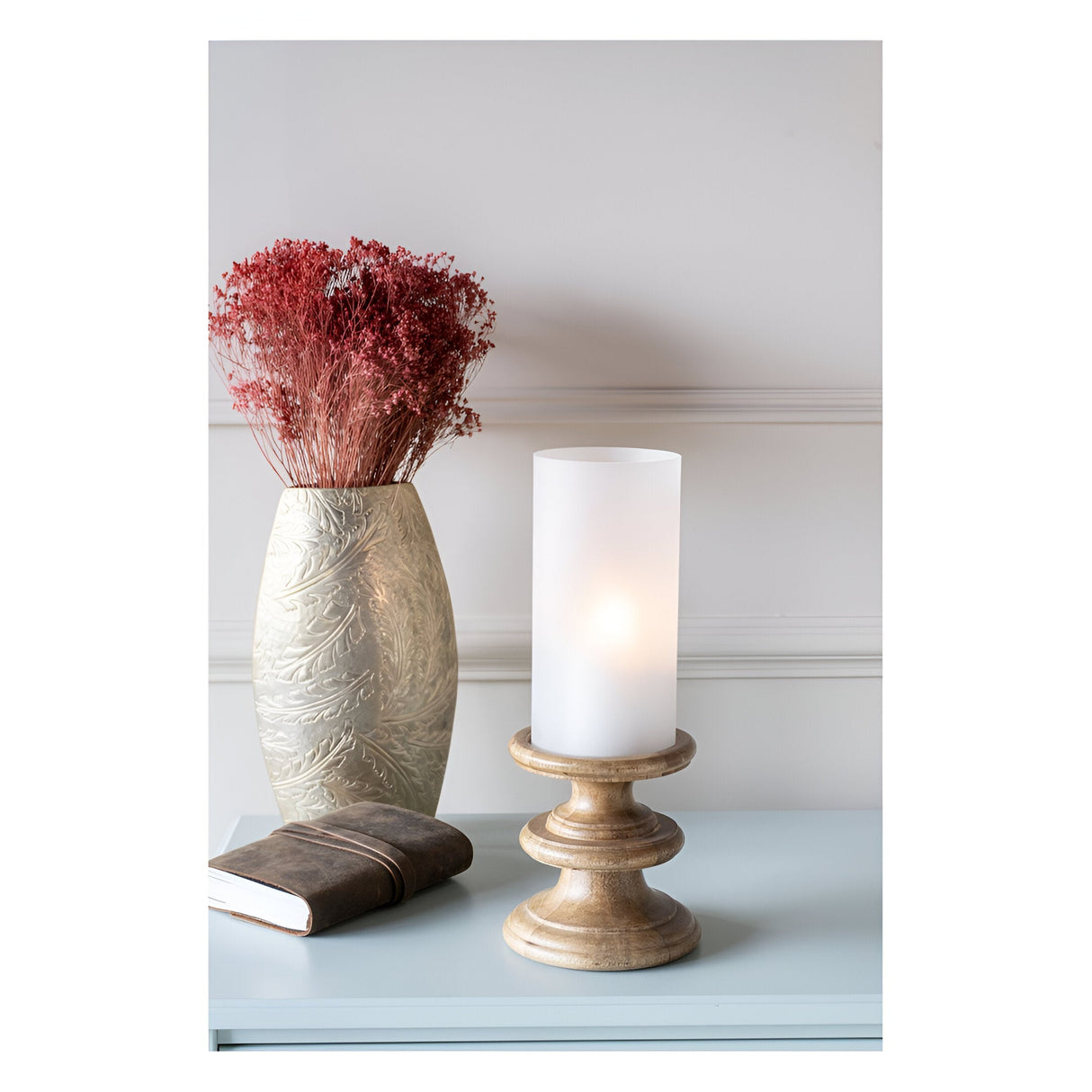 Laura Ashley Wooden Plinth Hurricane With Frosted Glass - Brown