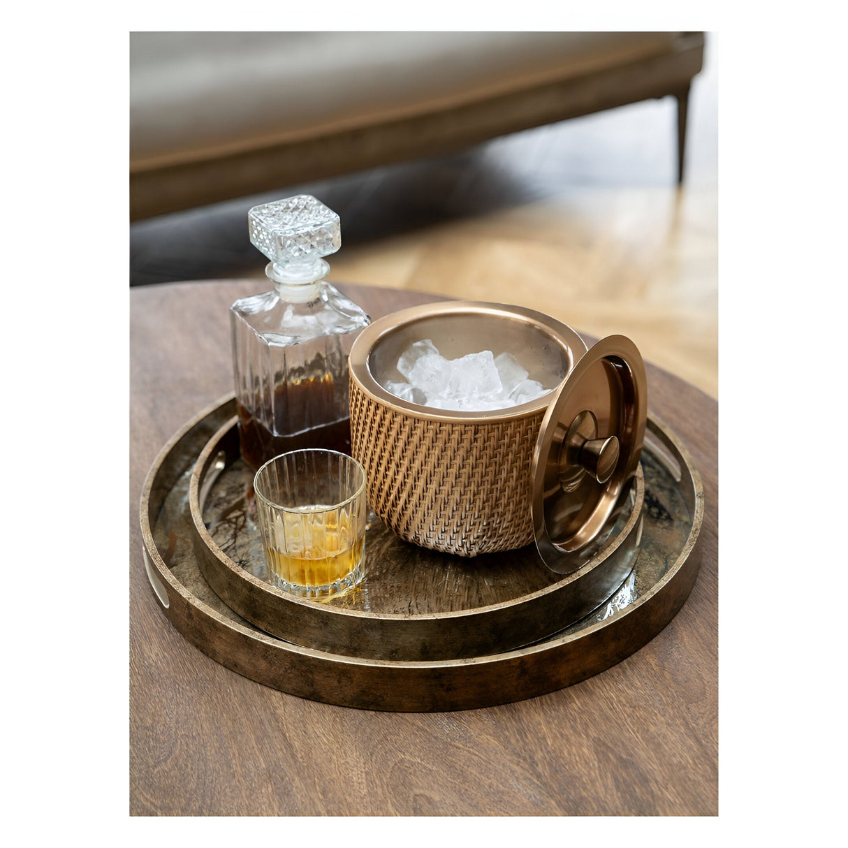 Rattan Ice Bucket With Lid - Dusky Gold