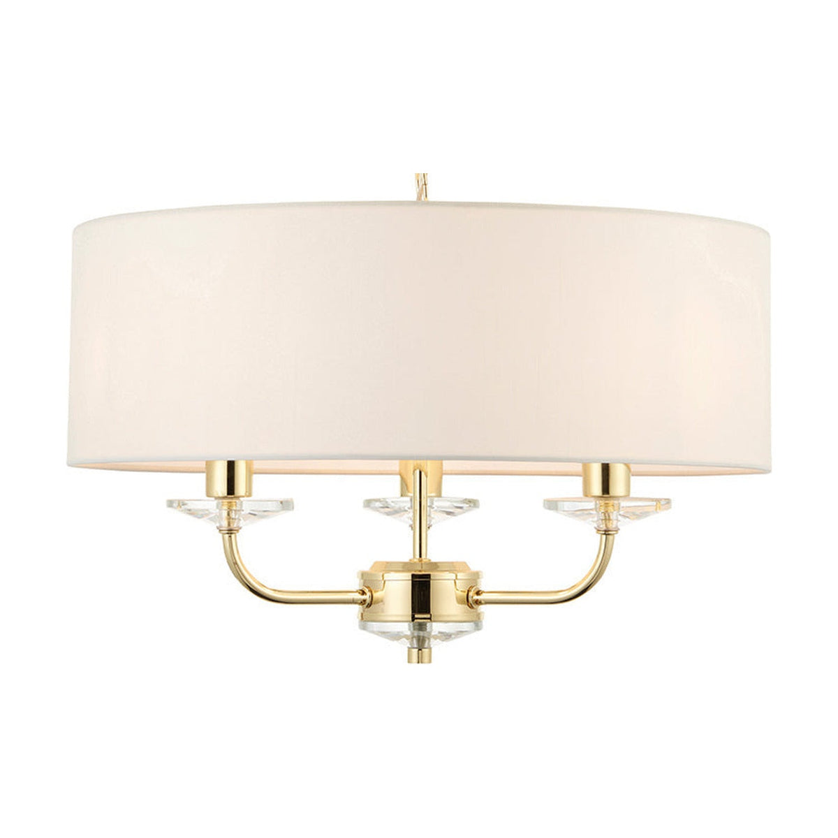 Endon Castdon 3 light pendant in brass with a wide white faux silk drum shade, three arms with K9 crystal detail, and suspension chain, on white.