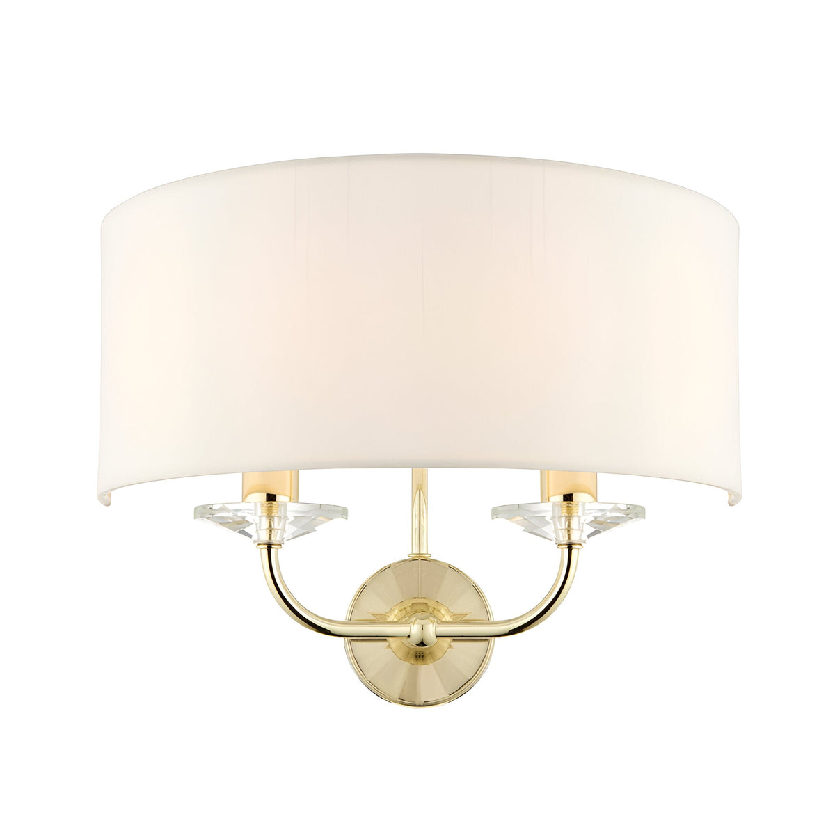Endon Castdon 2 light wall fitting with a vintage white faux silk semi-circular shade, brass plated arms and crystal detailing on a plain background.