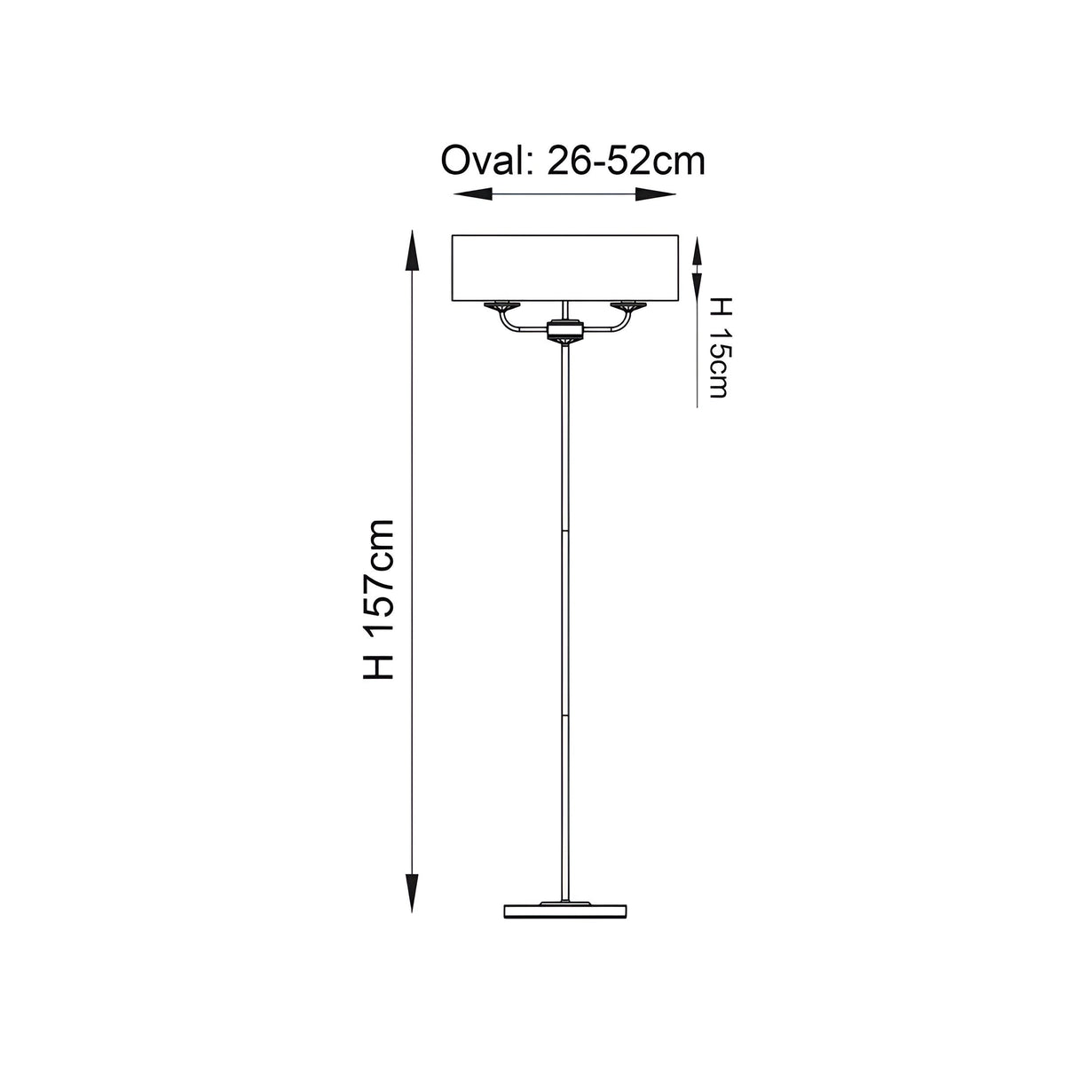Dimension diagram of Endon Castdon 2 light floor lamp showing 157cm height, 15cm shade height and 26-52cm oval shade width on white background.