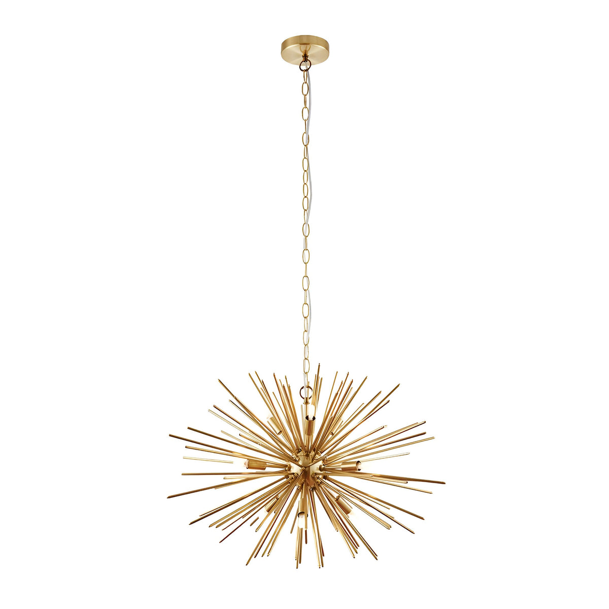 Merrick 9 Light Sputnik Pendant in satin brass, a star-burst arrangement of radiating metal rods on an adjustable chain, shown against a plain white background.