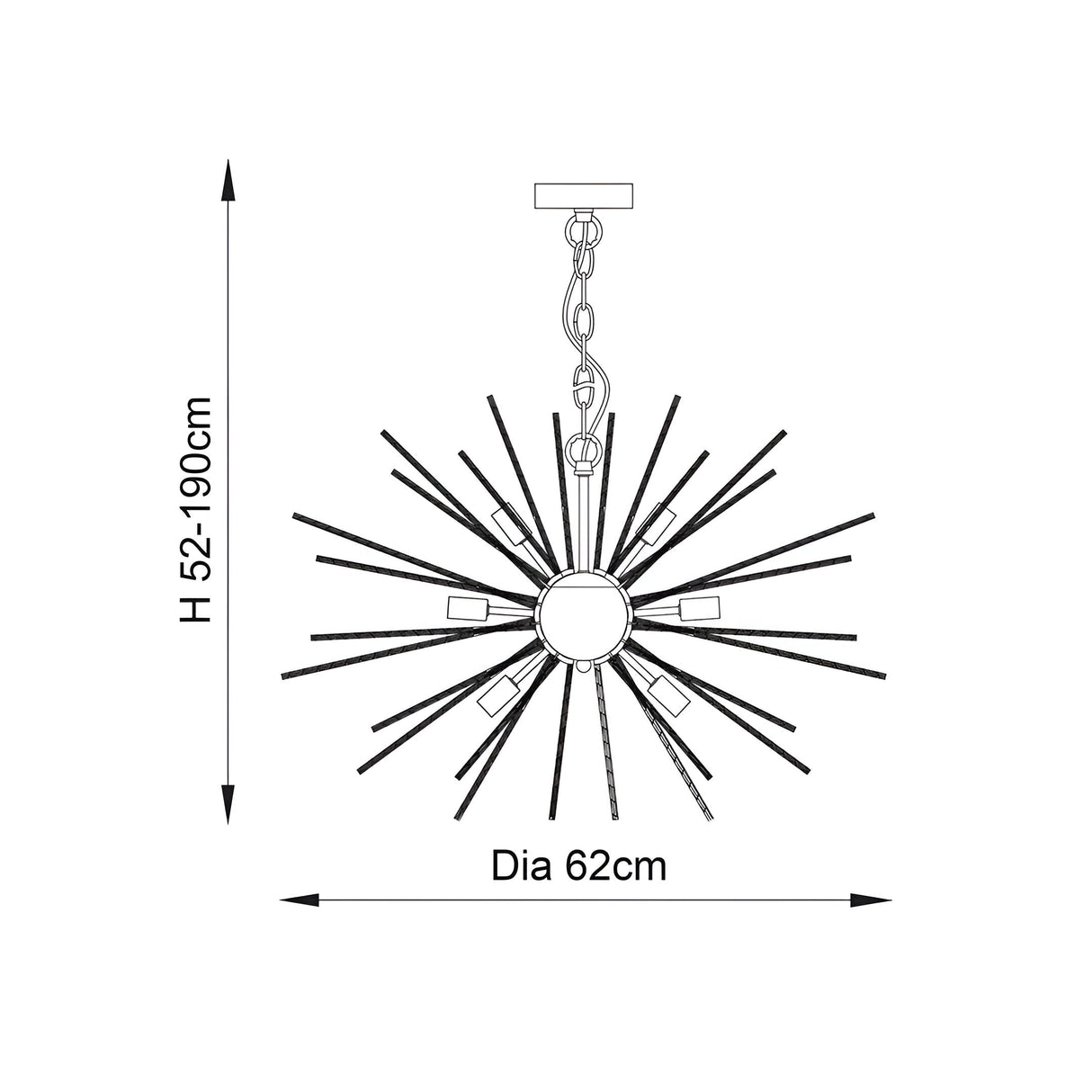 Line drawing of the Merrick 9 Light Sputnik Pendant in satin brass, showing star-burst rod design, height-adjustable chain, and dimensions: 62cm diameter, 52-190cm height.