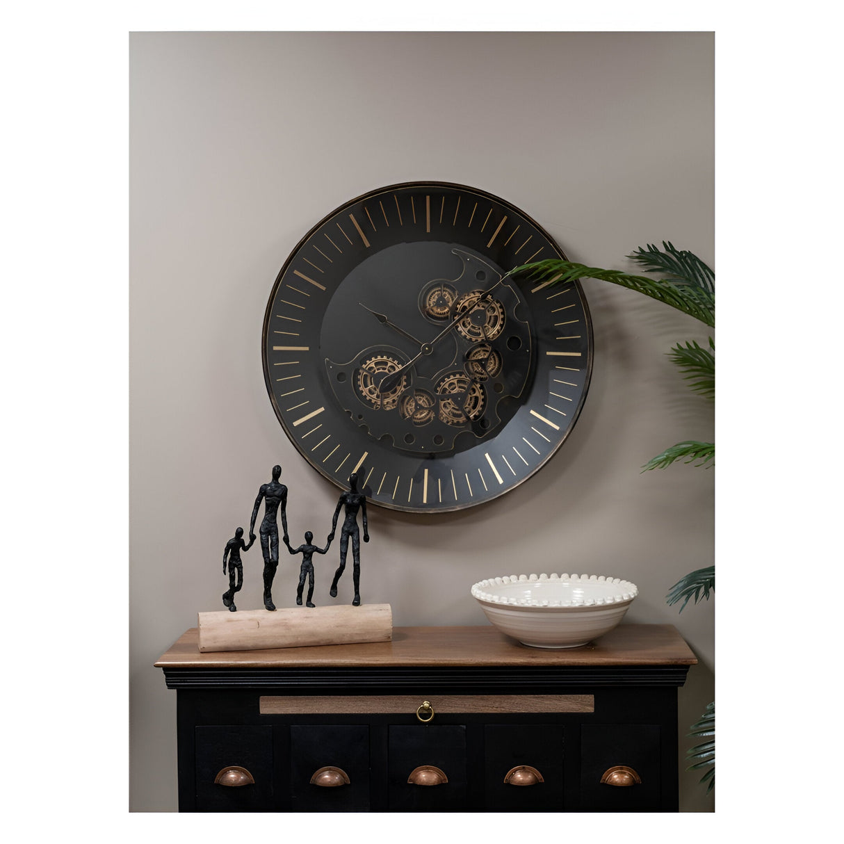 Palladium Wall Clock With Moving Cogs 80cm - Black & Gold