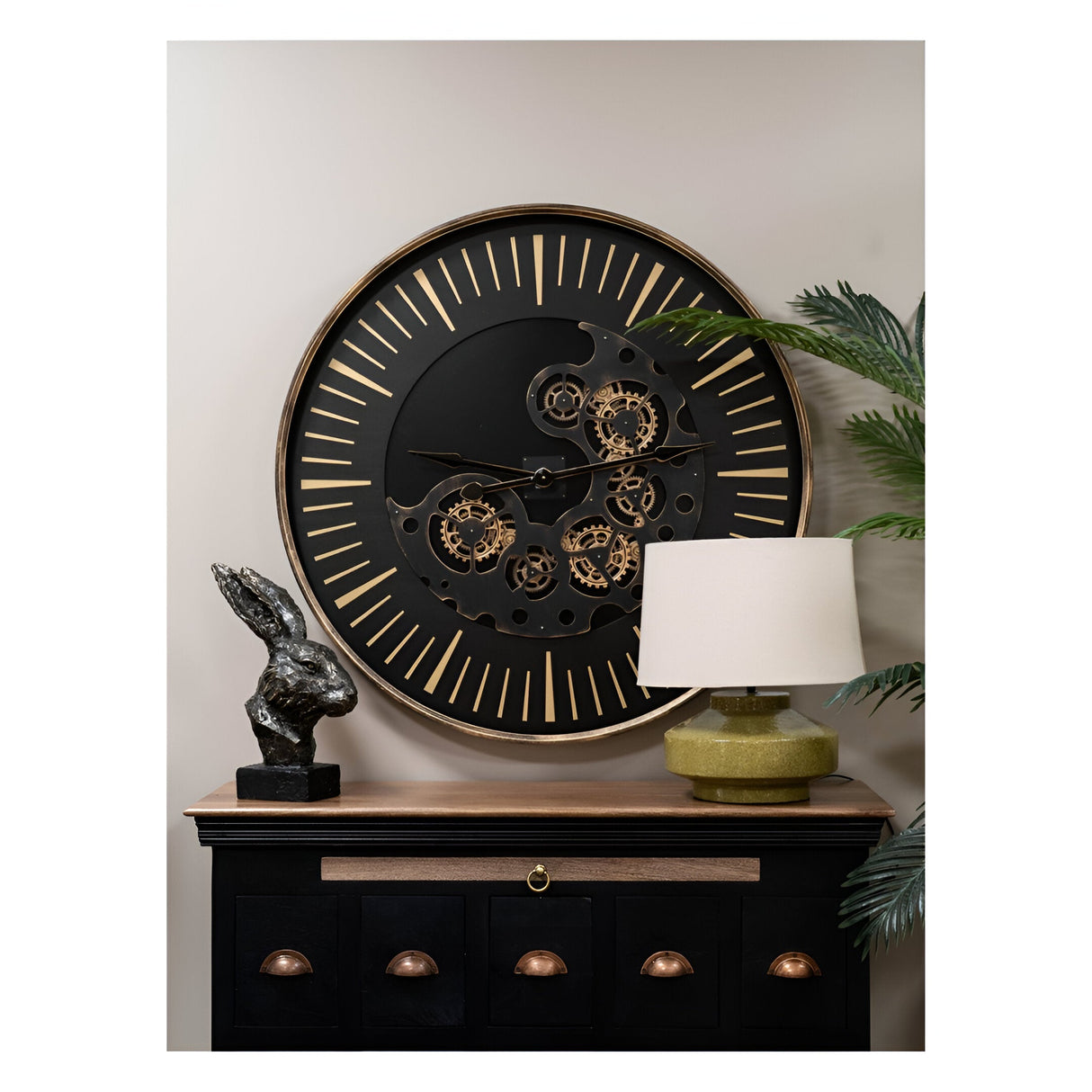 Palladium Wall Clock With moving Cogs 100cm - Black & Gold
