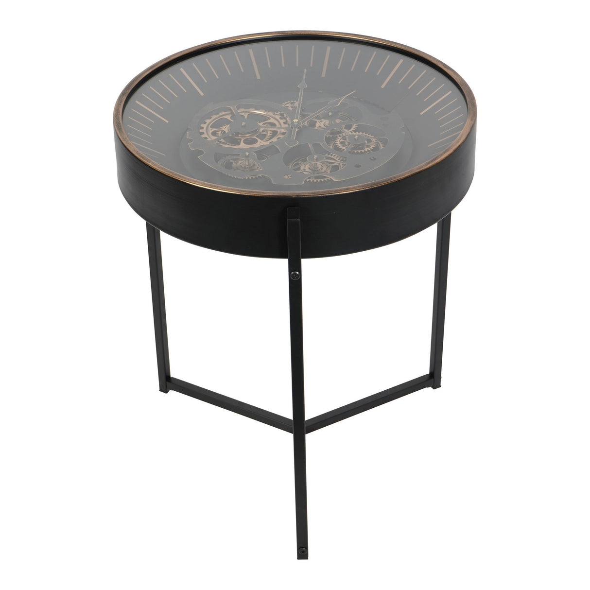 Palladium Side Table Clock With Moving Cogs - Black & Gold