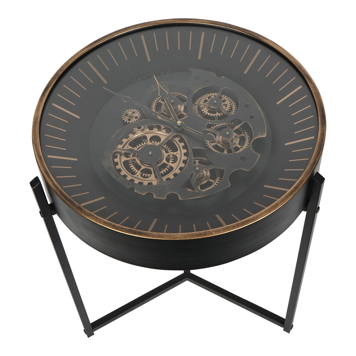 Palladium Side Table Clock With Moving Cogs - Black & Gold
