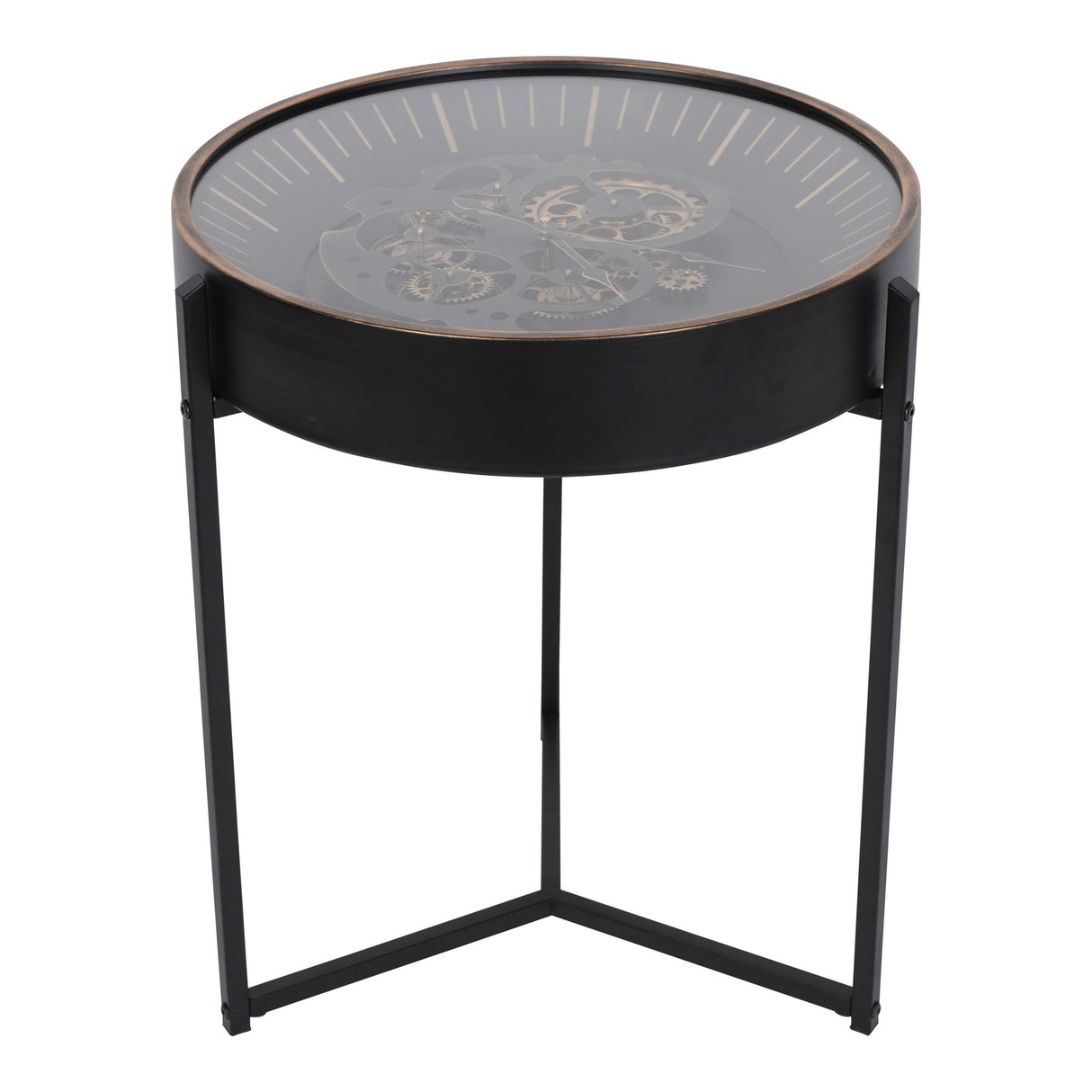 Palladium Side Table Clock With Moving Cogs - Black & Gold