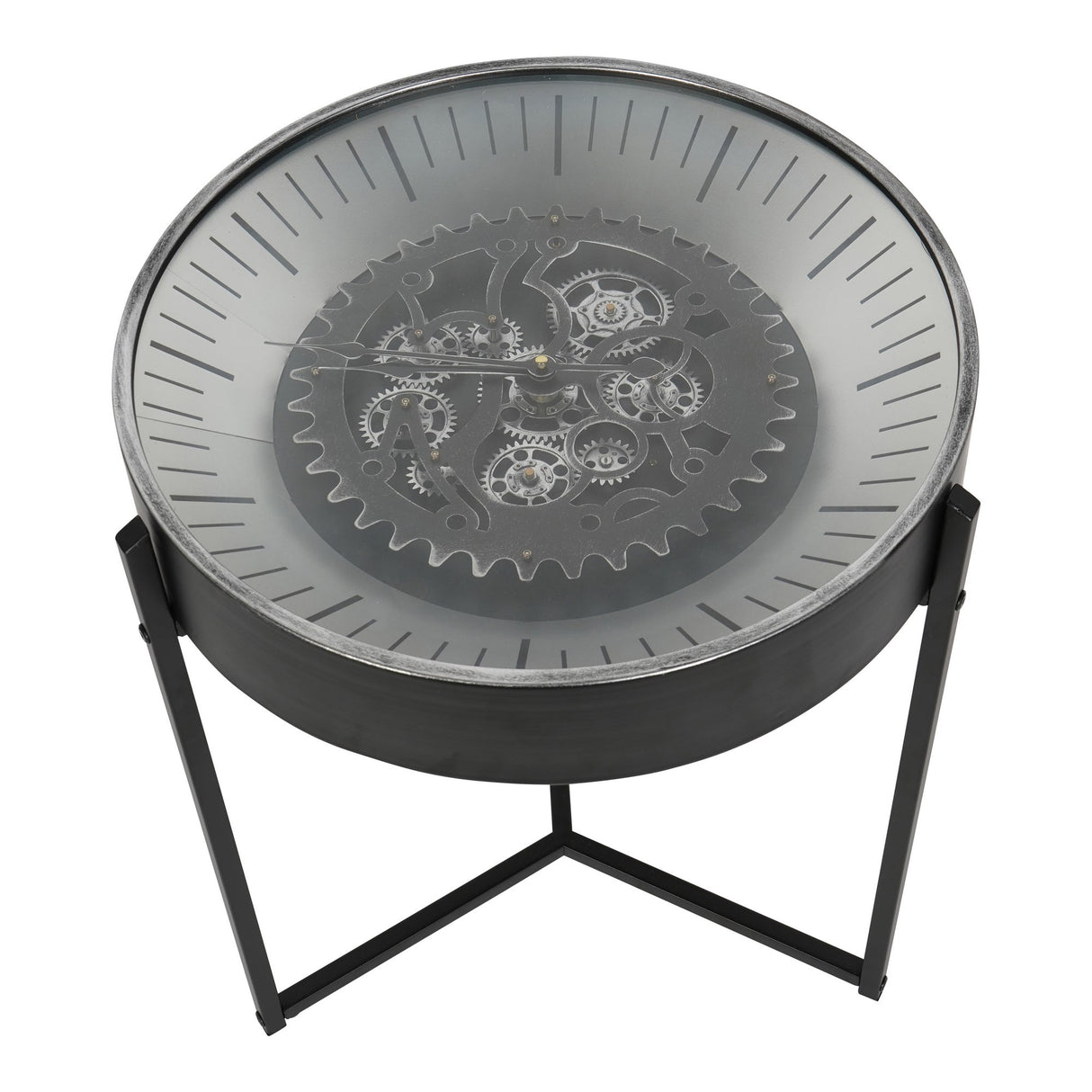 Palladium Side Table Clock With Moving Cogs - Black & Nickel