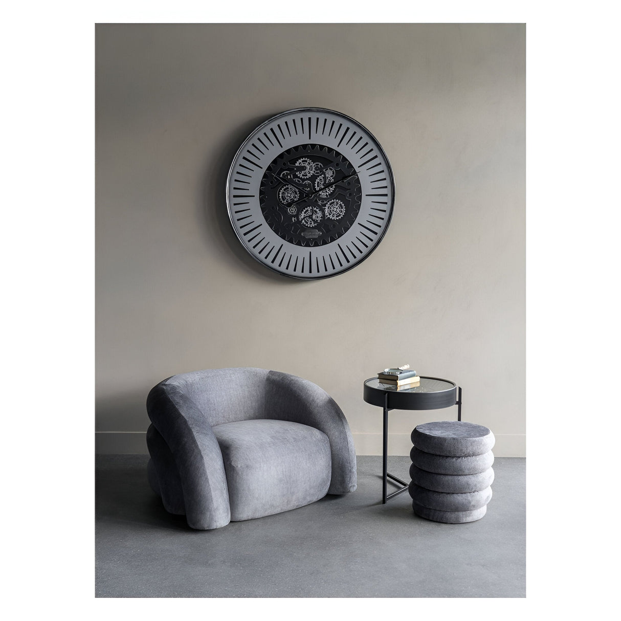 Palladium Side Table Clock With Moving Cogs - Black & Nickel