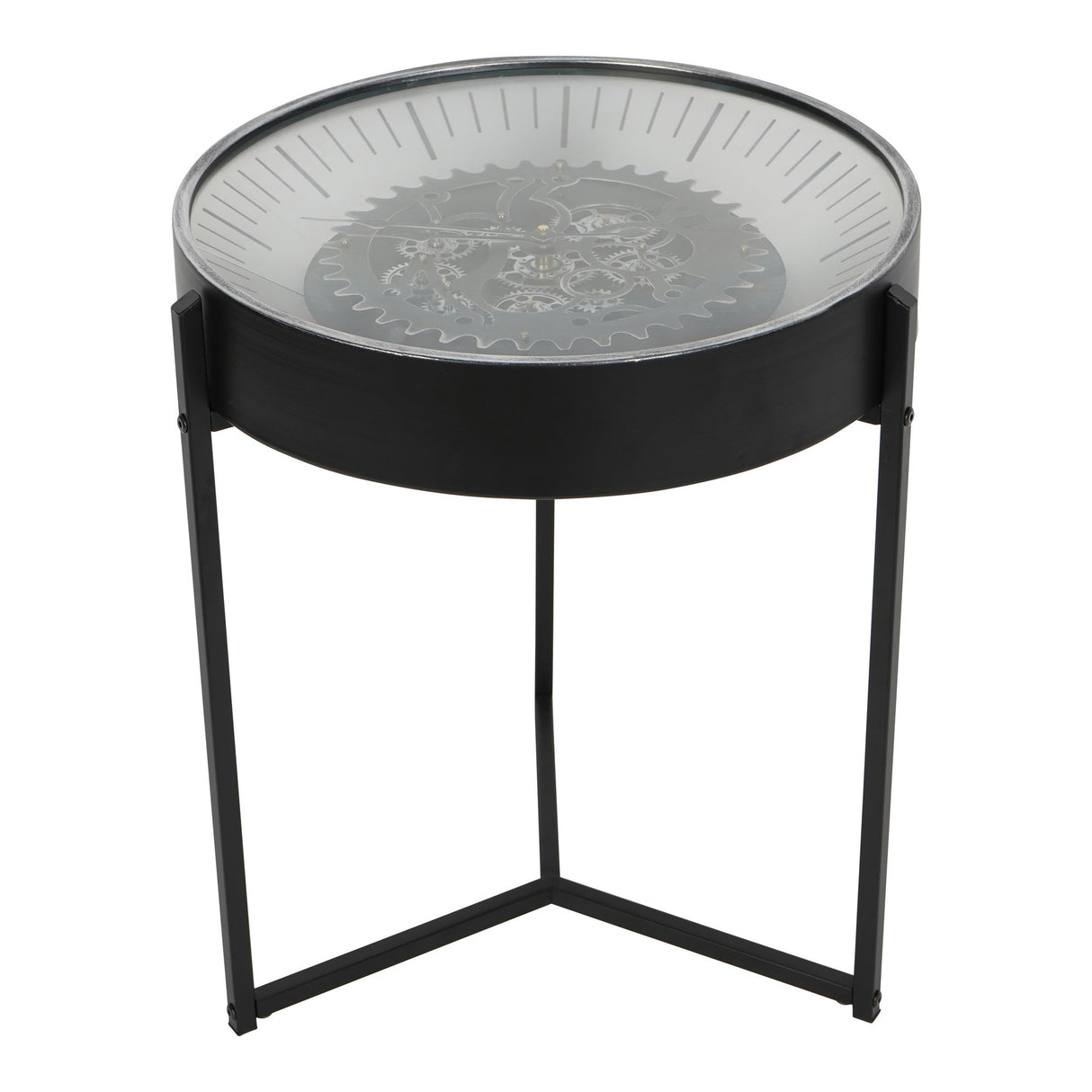 Palladium Side Table Clock With Moving Cogs - Black & Nickel