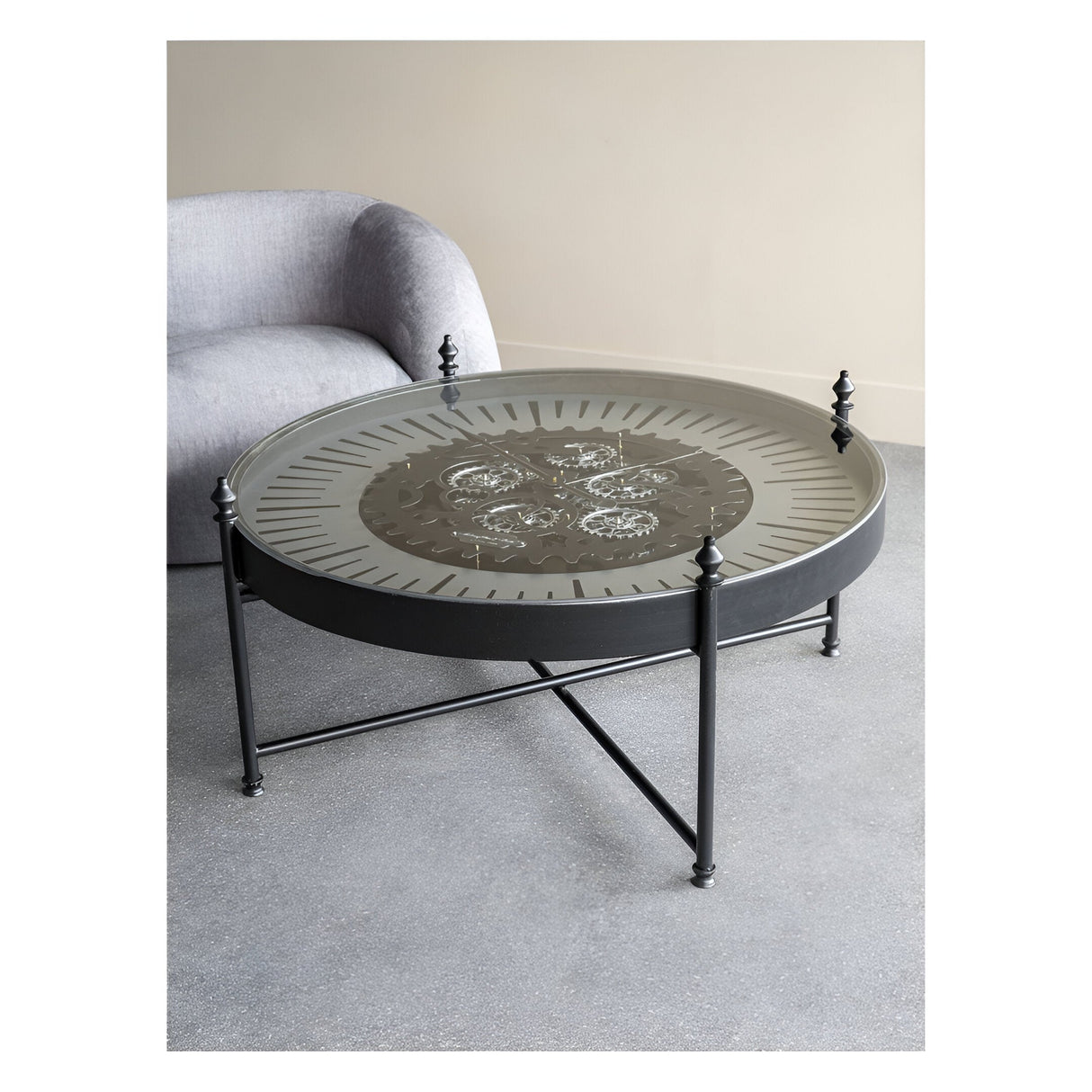 Palladium Coffee Table Clock With Moving Cogs - Black & Nickel