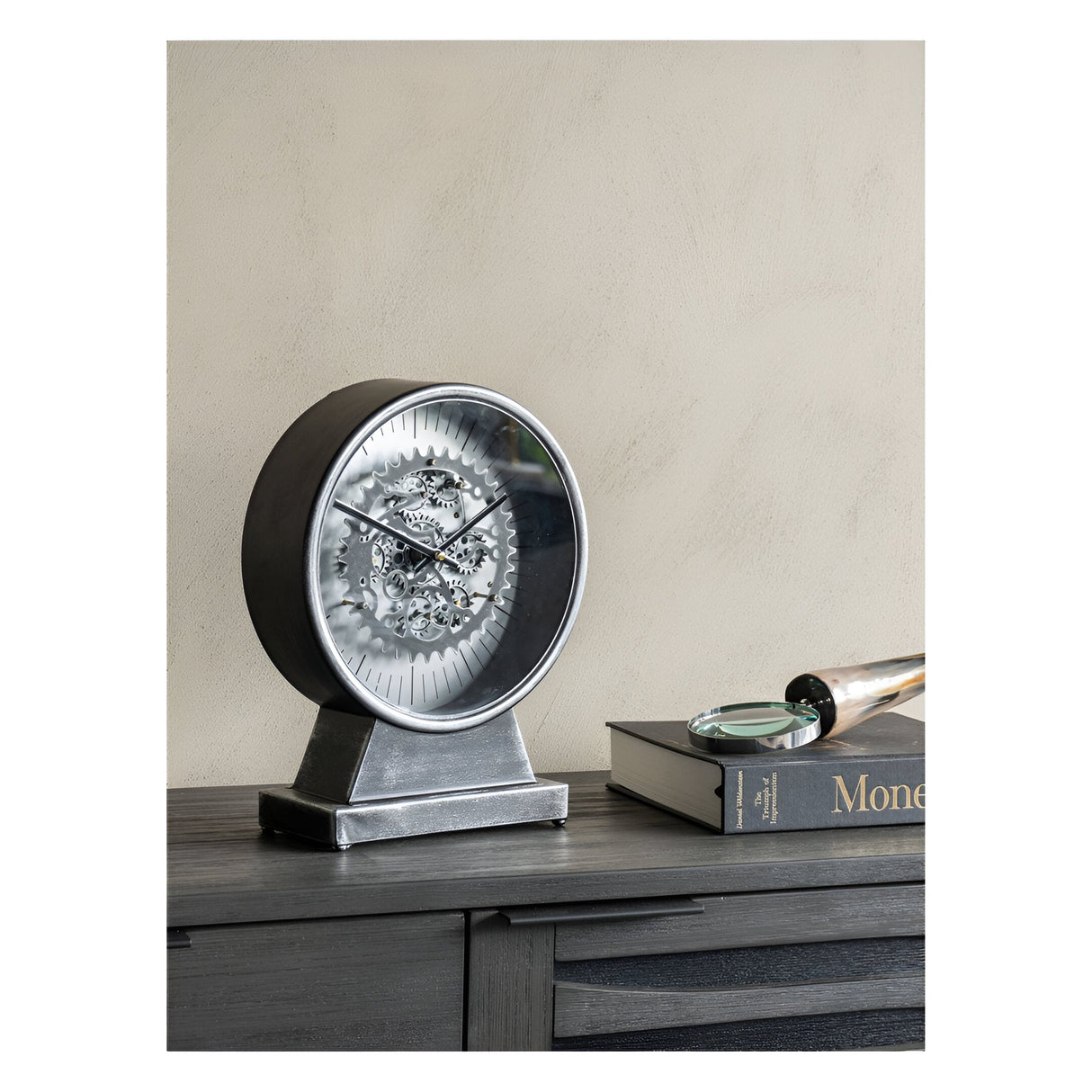 Palladium Mantel Clock With Moving Cogs - Black Nickel
