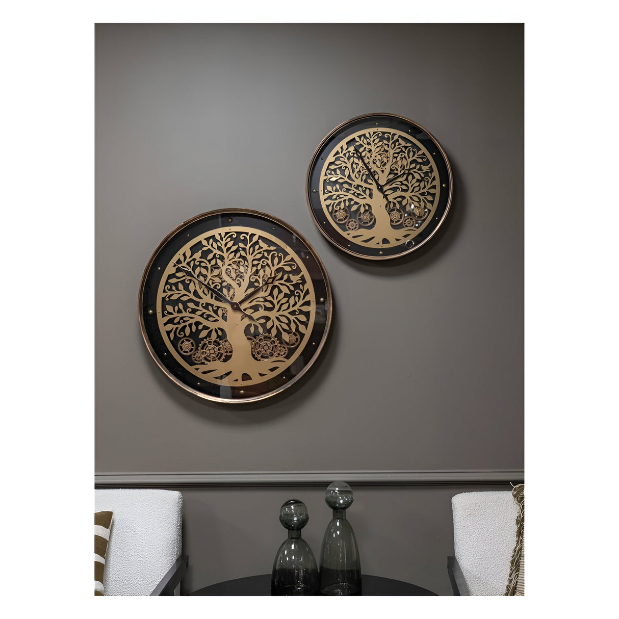 Viking Tree Wall Clock With Moving Cogs 80cm - Black & Gold