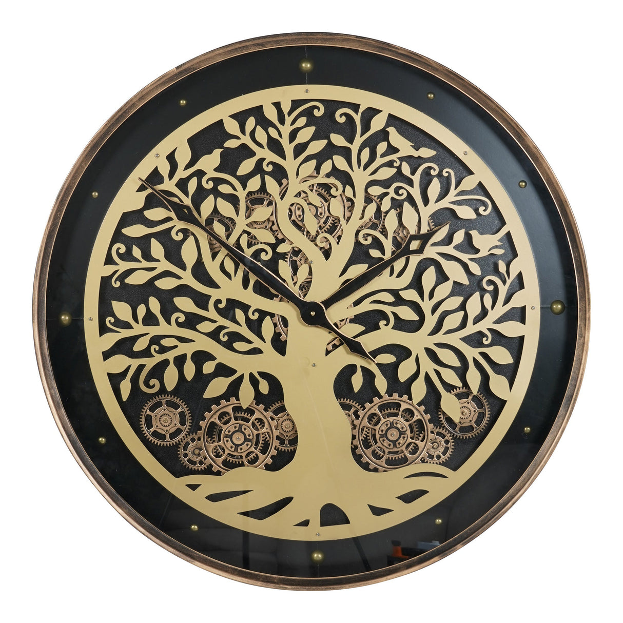 Viking Tree Wall Clock With Moving Cogs 80cm - Black & Gold