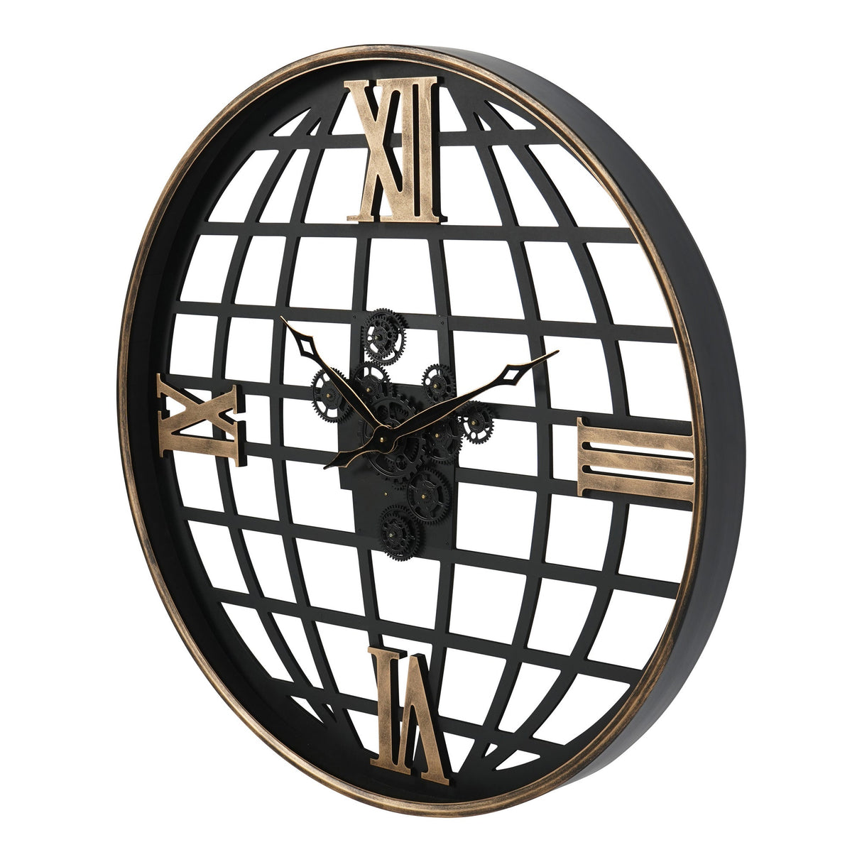 Open Globe & Numerals Wall Clock With Moving Cogs - Black & Gold