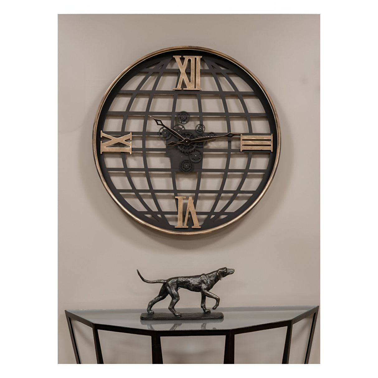Open Globe & Numerals Wall Clock With Moving Cogs - Black & Gold