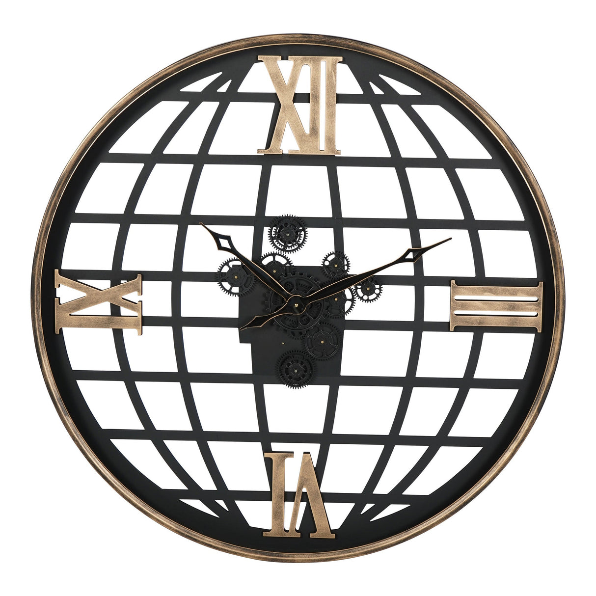 Open Globe & Numerals Wall Clock With Moving Cogs - Black & Gold