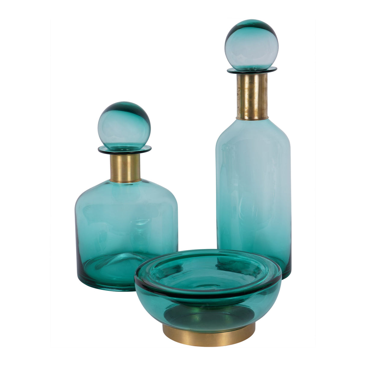 Jorum Tall Glass Bottle With Brass Lid - Teal & Gold