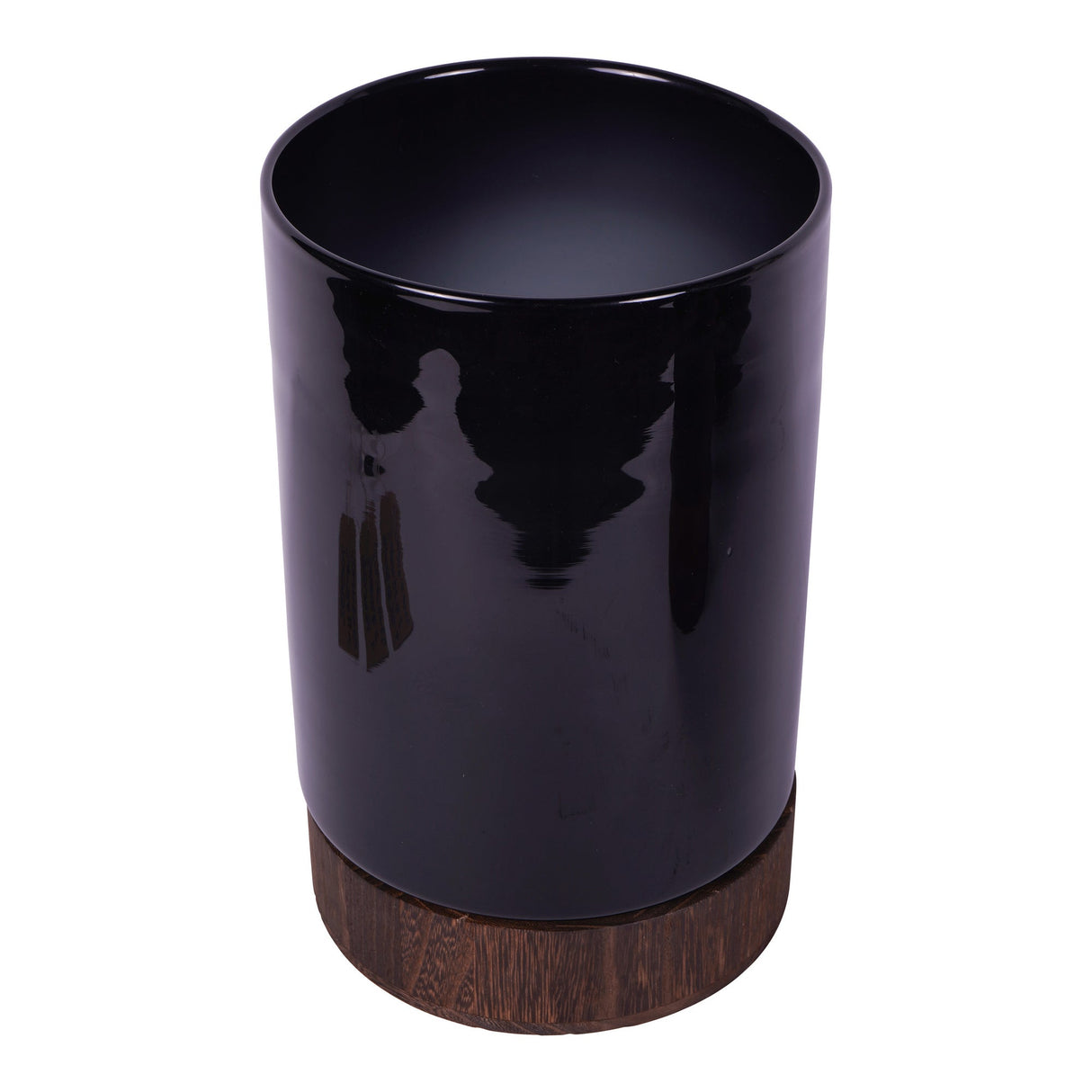 Noir Glass Hurricane With Wooden Base 31.5cm - Black & Brown