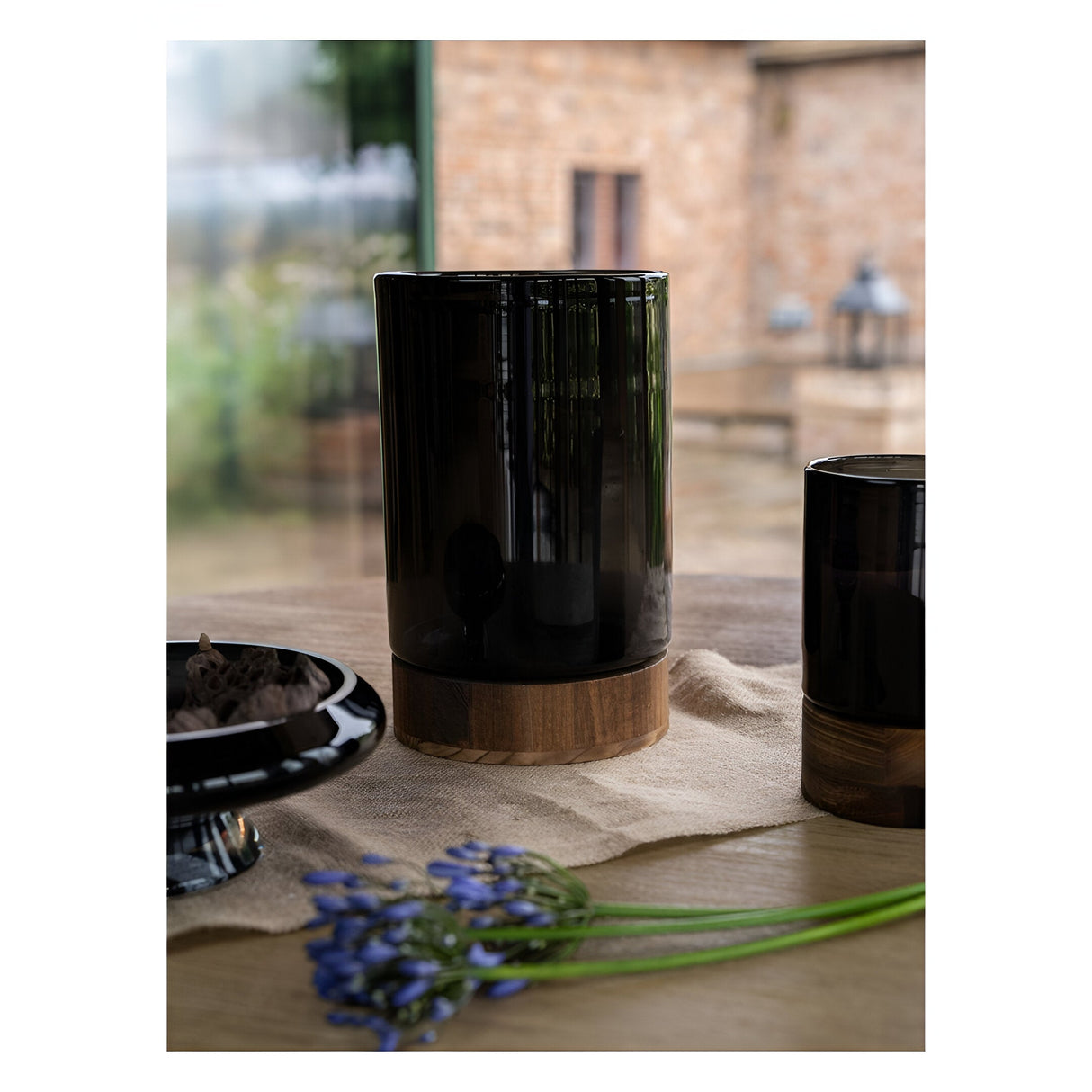 Noir Glass Hurricane With Wooden Base 31.5cm - Black & Brown