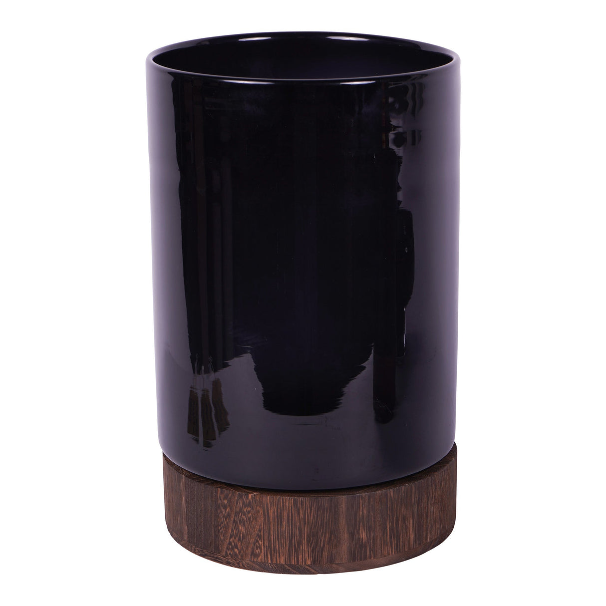 Noir Glass Hurricane With Wooden Base 31.5cm - Black & Brown