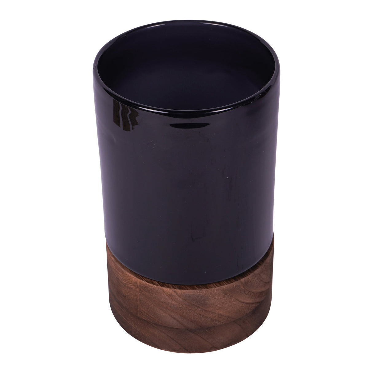 Noir Glass Hurricane With Wooden Base 20.5cm - Black & Brown