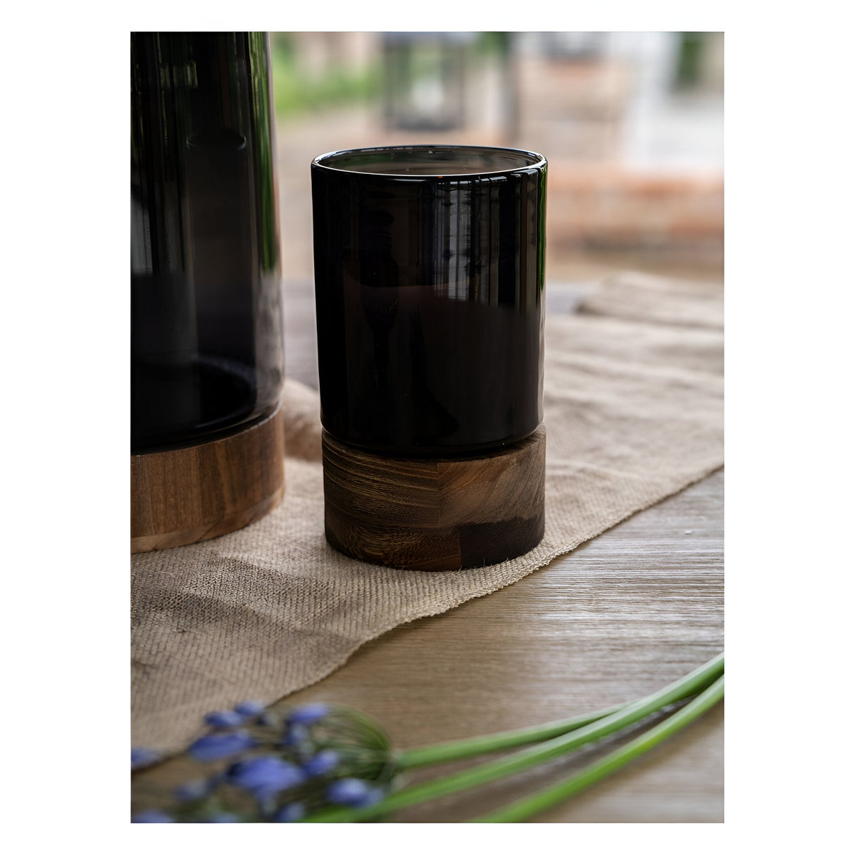 Noir Glass Hurricane With Wooden Base 20.5cm - Black & Brown