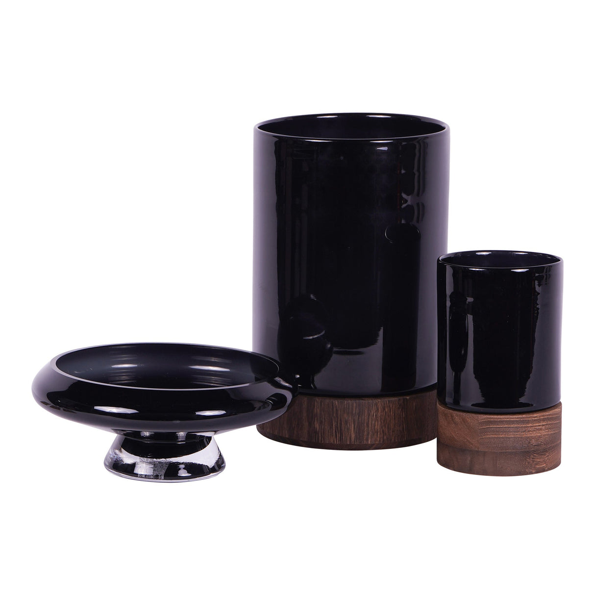 Noir Glass Hurricane With Wooden Base 20.5cm - Black & Brown