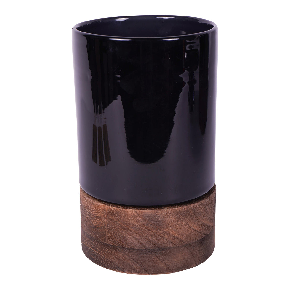 Noir Glass Hurricane With Wooden Base 20.5cm - Black & Brown