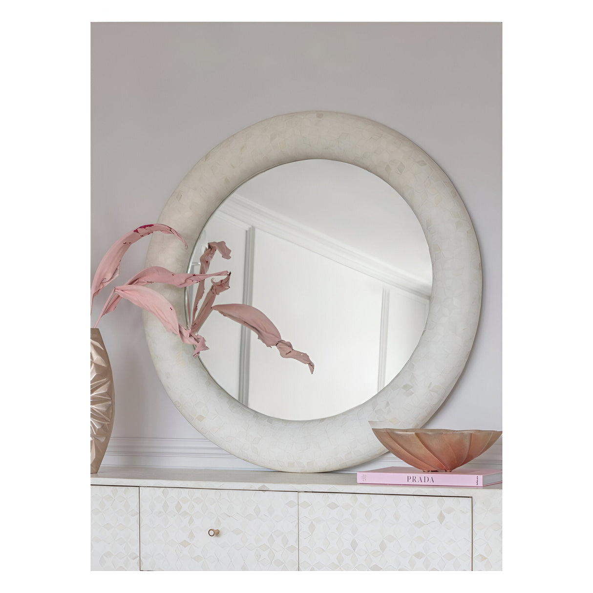 Aspen Bone Inlay Round Wall Mirror White - 100cm