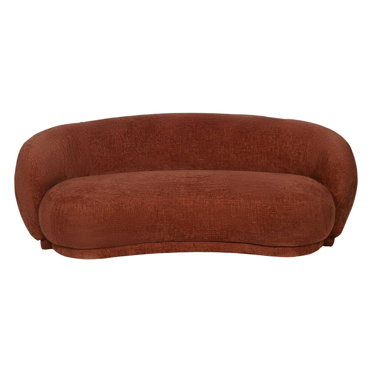 Libra Interiors Waverley curved 2 seater mini sofa in terracotta chenille with kidney-bean profile and continuous wrap-around back, on a white background.