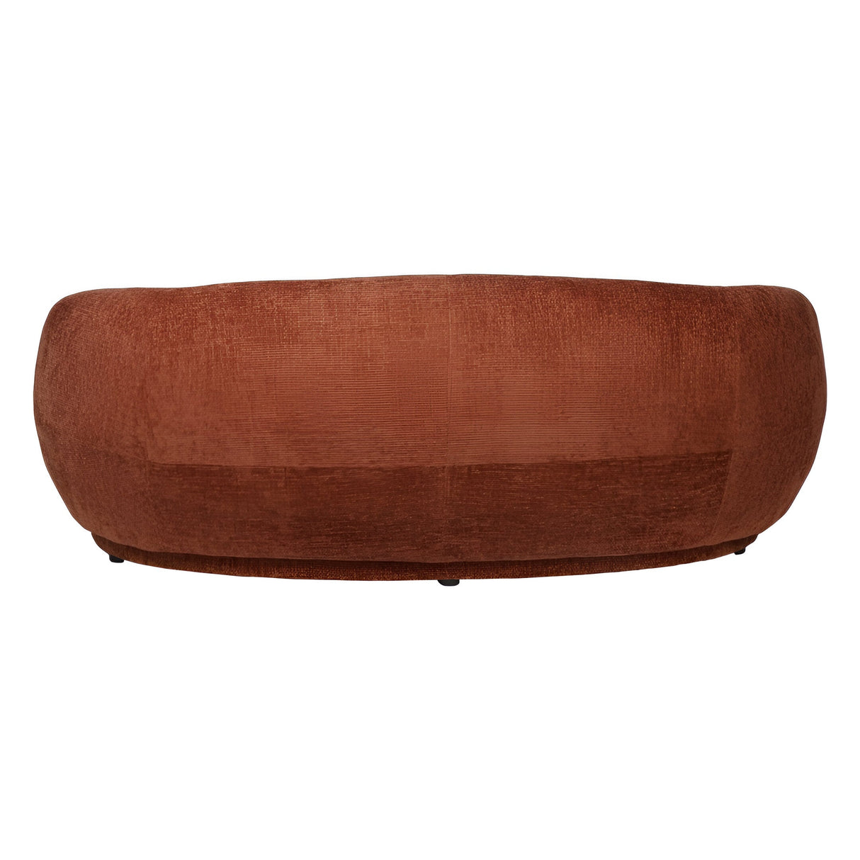 Rear view of the Libra Interiors Waverley curved 2-seater mini sofa in terracotta chenille, showing the continuous wraparound back, on a white background.