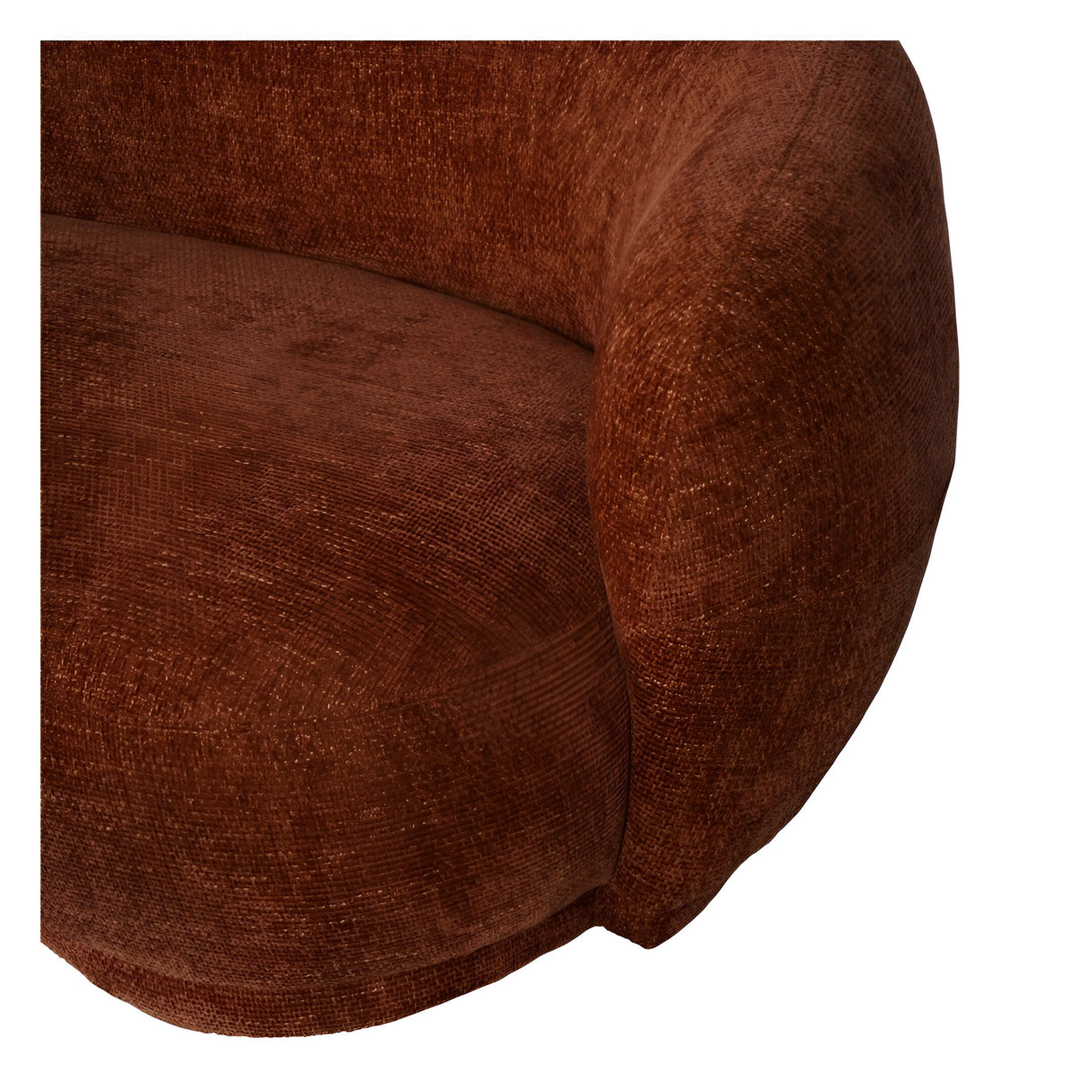 Close-up of the Libra Interiors Waverley curved 2 seater mini sofa showing terracotta chenille upholstery with textured boucle weave on the seat and arm.