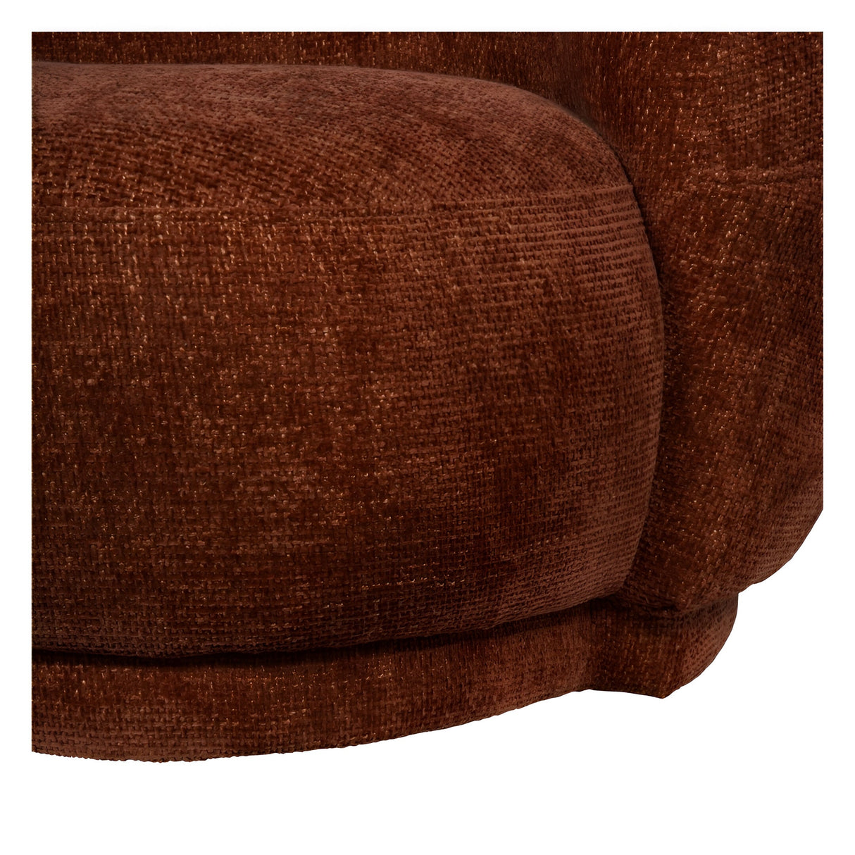 Close-up of the Libra Interiors Waverley Curved 2 Seater Mini Sofa showing terracotta chenille upholstery with a textured boucle weave on the rounded base.