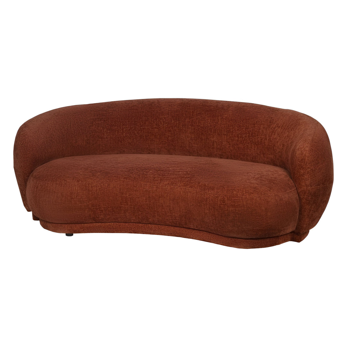 Libra Interiors Waverley curved 2 seater mini sofa in terracotta chenille, kidney-bean profile with continuous wraparound back, shown on a white background.