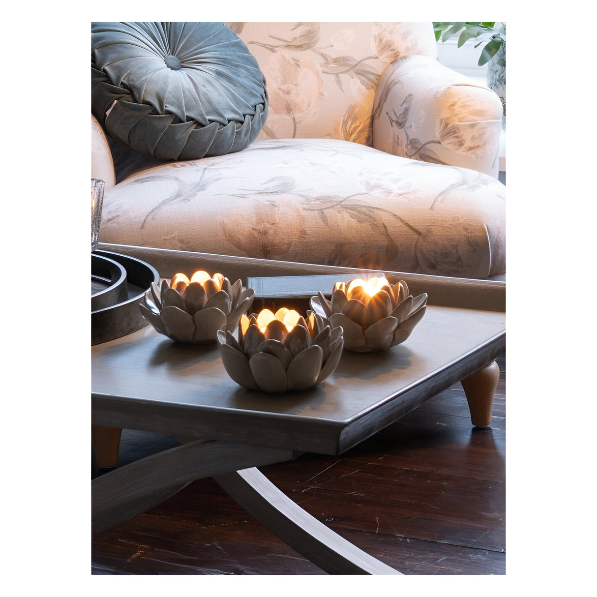 Laura Ashley Set of 3 Larkhill Lotus Tealight Holders - Dark Dove Grey