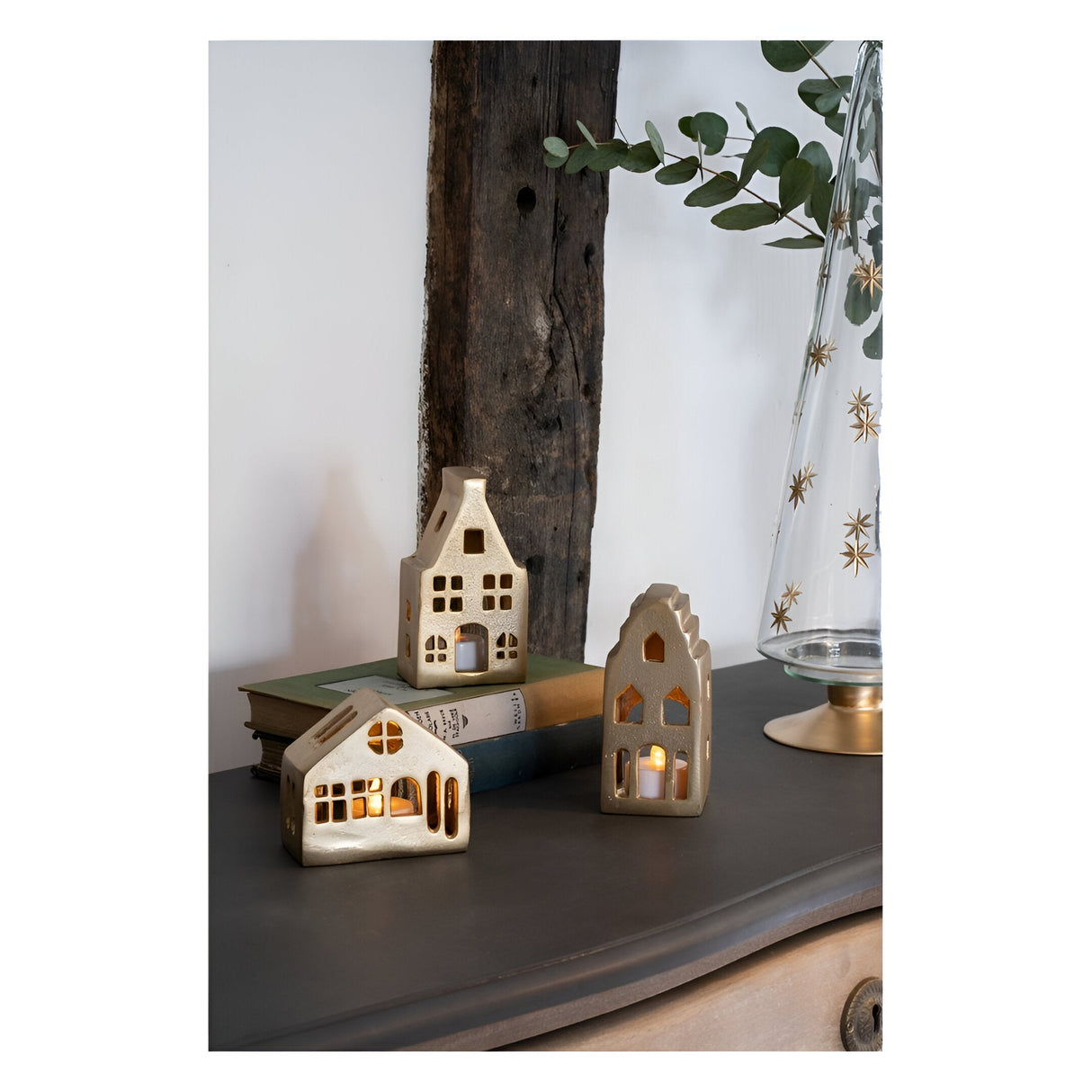 Laura Ashley Set of 3 Hand Crafted Gold House Figurine - 12cm