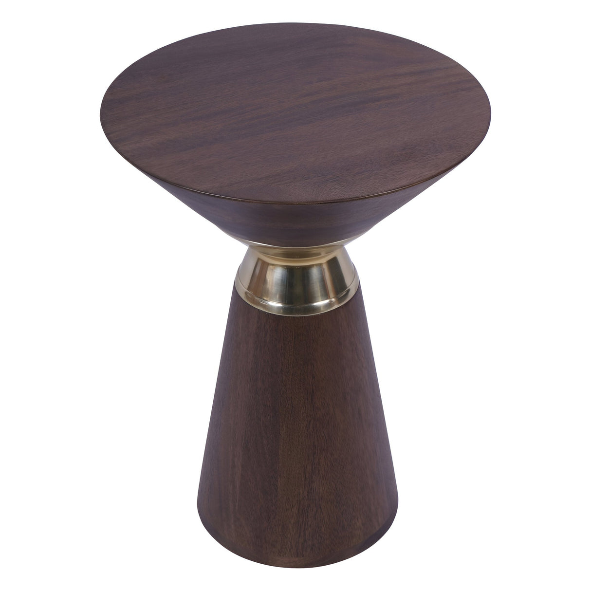 Libra Interiors Amalfi round side table in dark mango wood with twin inverted conical forms joined by a brass-effect aluminium band, on a white background.