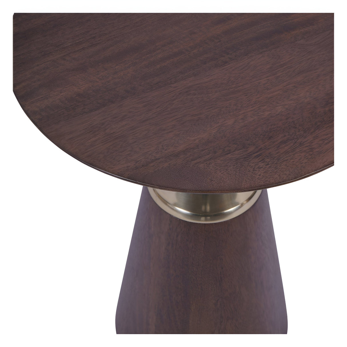 Close-up of the Libra Interiors Amalfi Wooden Side Table in brown mango wood, showing the round top and brass-effect aluminium band above the conical base.