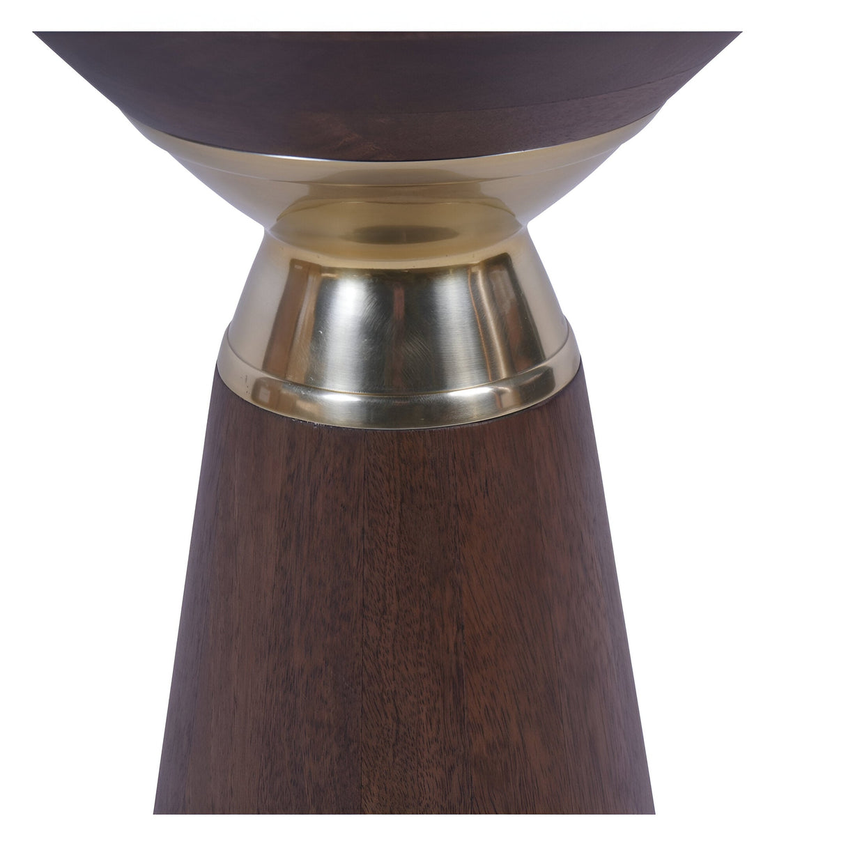 Close-up of the Libra Interiors Amalfi Wooden Side Table in brown mango wood, showing the brass-effect aluminium band between the two inverted conical forms.