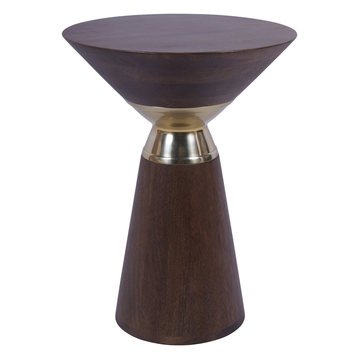 Libra Interiors Amalfi side table in dark mango wood with inverted conical top and base joined by a brass-effect aluminium band, on a white background.