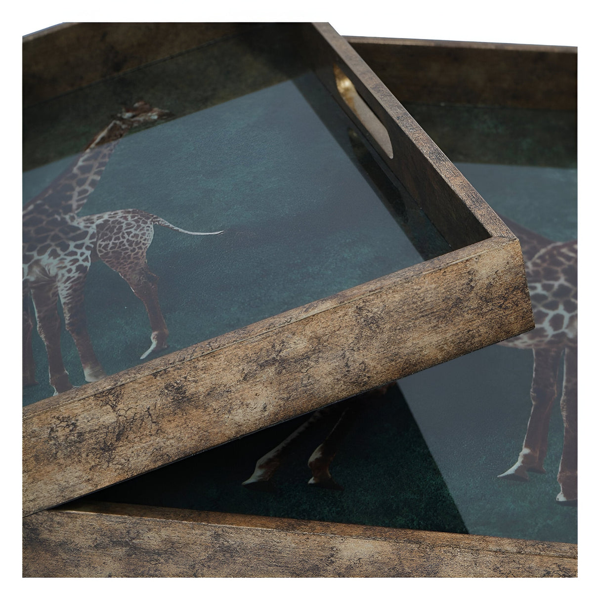 Giraffe Decorative Set of 2 Nesting Trays - Green & Gold