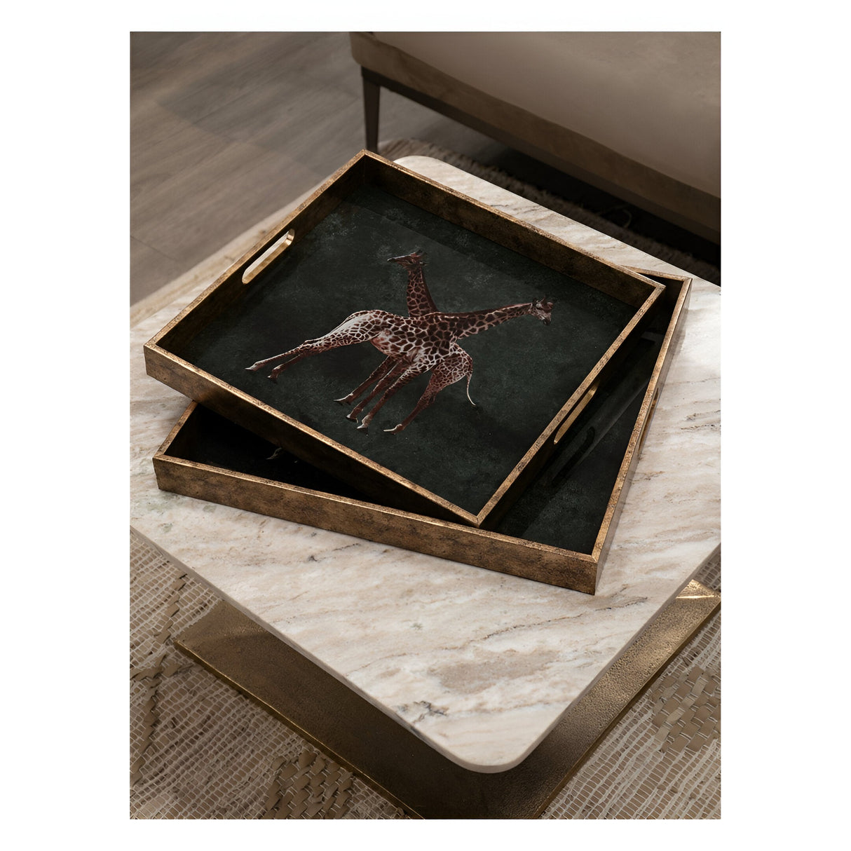 Giraffe Decorative Set of 2 Nesting Trays - Green & Gold