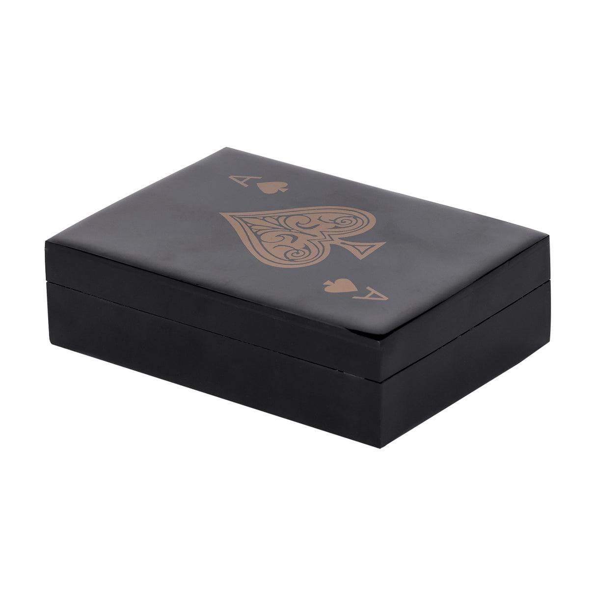 Libra Interiors Ace of Spades card box in black lacquered resin with gold spade and filigree motif on the hinged lid, shown on a white background.