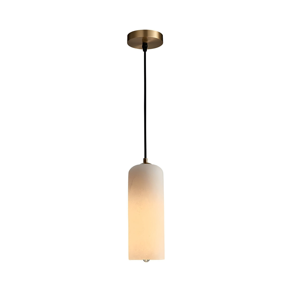 The Velmora 1 Light Slim Cylindrical Alabaster Single Pendant Light features a soft white alabaster shade, suspended from a black cord and round brass ceiling plate, shown isolated on a white background.