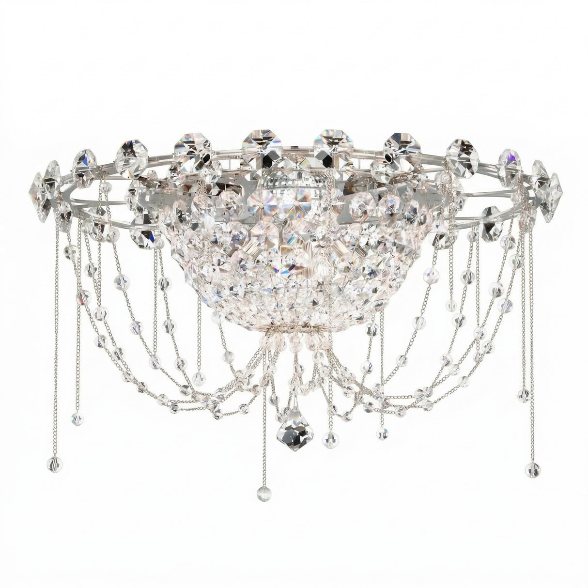 The Amara 4 Light K9 Crystal Flush Ceiling Light in chrome features a semi-circular design with hanging crystal beads and chains—ideal as a sparkling, elegant semi-flush fixture for stylish low ceiling lighting.